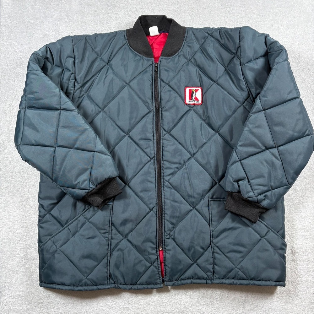 Vintage K Brand Penguin Quilted‎ Bomber Jacket Mens XXL(?) Blue Diamond Full Zip